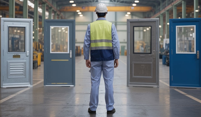 ERP for manufacturing businesses in a production environment Worker in safety vest standing in a manufacturing facility with industrial machines, illustrating ERP selection for manufacturers