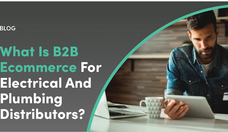 B2B ecommerce blog header with contractor using tablet Contractor using a tablet and credit card to buy parts online