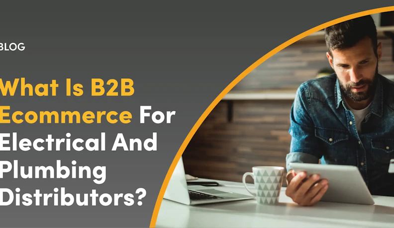 B2B ecommerce blog header with contractor using tablet Contractor using a tablet and credit card to buy parts online