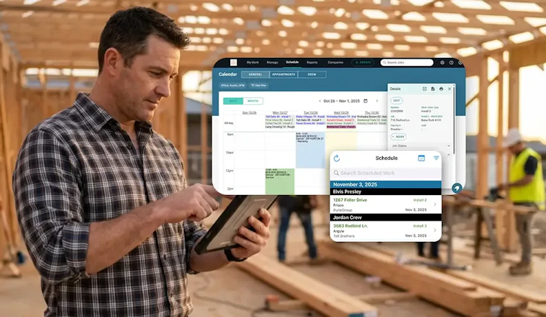 Bolt scheduling and job management on tablet at job site Contractor using tablet with Bolt scheduling dashboard at a residential job site