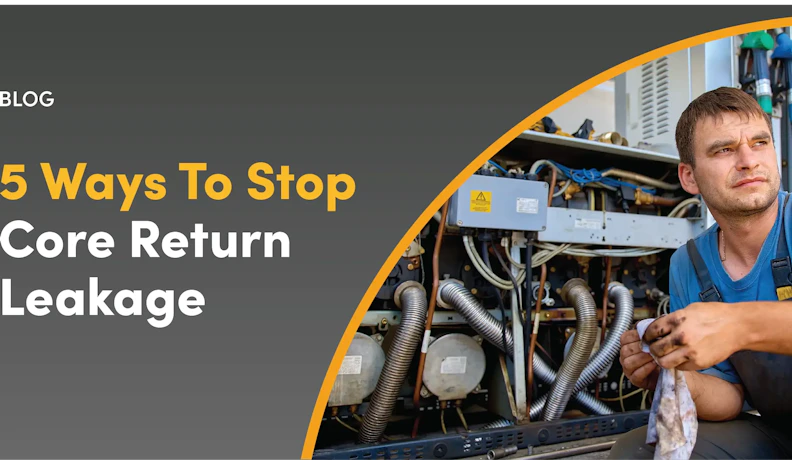 Fuel dispenser repair by petroleum technician for core returns Petroleum technician repairing a fuel dispenser with greasy hands; blog header "5 Ways To Stop Core Return Leakage"