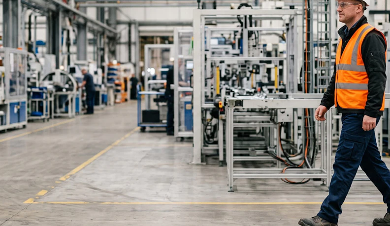 ECI blog UK erp implementation is failing banner A manufacturing professional in a safety vest and glasses walking through a clean, modern factory floor with organized assembly lines and shelving units.
