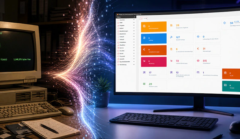 Eci blog post uk thinking of switching blog banner A wide banner image depicting a digital transformation by contrasting two different eras of technology. A legacy setup with an old beige monitor and floppy disks on the left transitions into a modern, sleek workspace on the right. A flow of energy connects the dated interface to a contemporary, vibrant software dashboard on a curved ultra-wide screen.