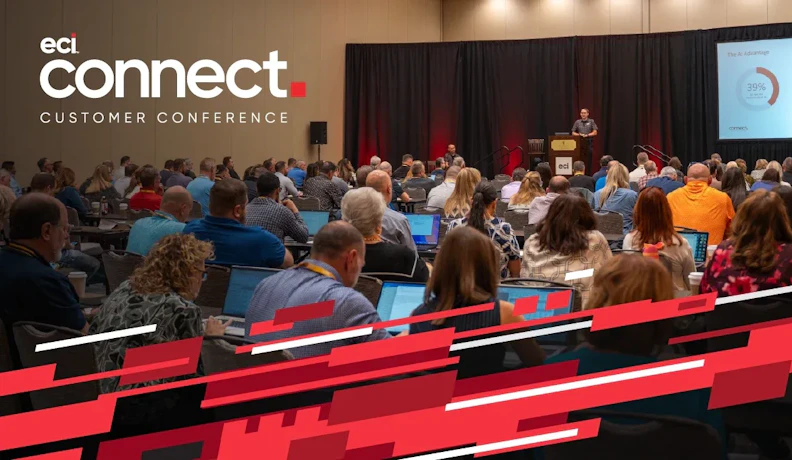 Speaker presents AI session at ECI Connect 2026 conference ECI Connect Customer Conference session with speaker presenting AI slide to a full room