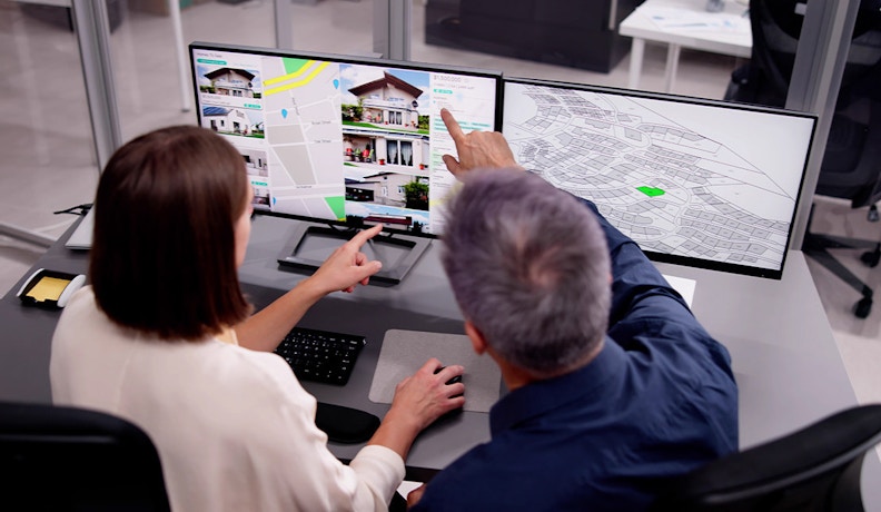 Homebuilder Sales Team Using Software to Save Time Two homebuilder sales professionals analyzing property listings and maps on dual monitors to streamline sales and save hours.