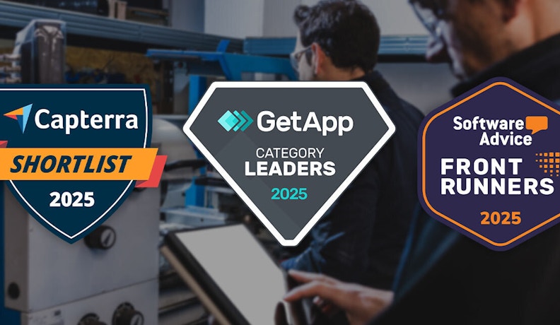 JobBOSS² Earns Top Software Awards for 2025 Three 2025 software award badges from Capterra, GetApp, and Software Advice displayed over a manufacturing background, highlighting JobBOSS² recognitions.