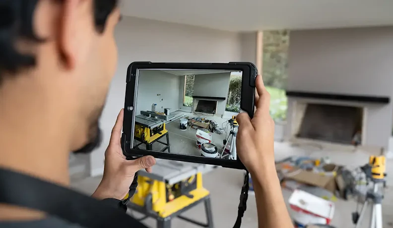 Recording a pre-work walkthrough on an interior construction site Contractor filming interior job site walkthrough on a tablet for documentation