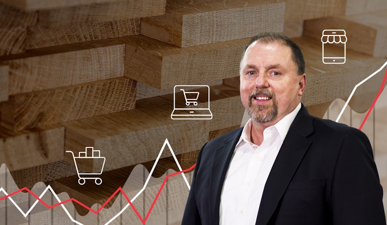 John Maiuri on 2024 LBM Industry Trends and Insights John Maiuri in front of lumber stacks with digital retail icons, sharing 2024 LBM industry trends