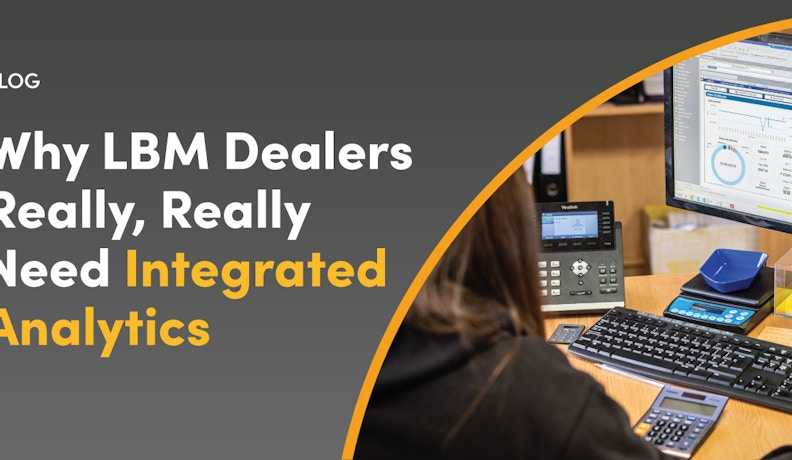 Integrated ERP analytics dashboard for LBM dealers LBM dealer reviewing ERP analytics dashboard with charts and KPIs on desktop