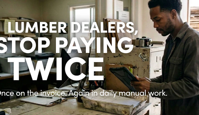 Disconnected Software Costs for Lumber Dealers Lumber yard employee checking a tablet at a desk with paperwork and stacked lumber nearby