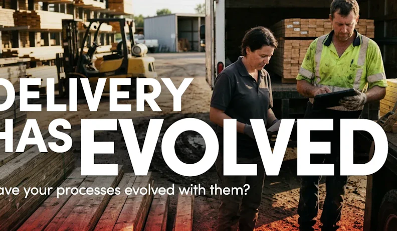 Lumber delivery visibility and customer service lumberyard worker in safety gear reviews a tablet with a customer beside a truck loaded with lumber
