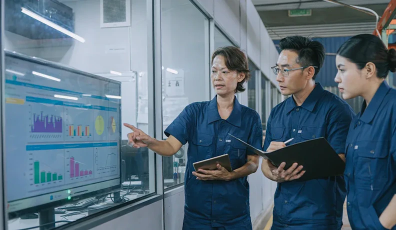 Team reviewing OEE and production trends on shop-floor screen Factory team reviews machine monitoring dashboard with OEE and cycle time charts