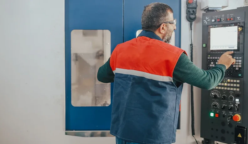 Reviewing Real-Time Machine Utilization on the Shop Floor Operators reviewing machine utilization data on a shop-floor computer with a clipboard in a manufacturing plant