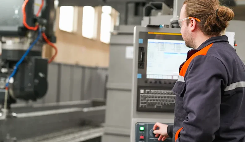 CNC control station in an automated manufacturing line Operator using CNC machine control panel on automated factory floor