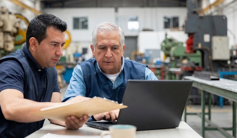 Manufacturing team reviews equipment plans for OBBBA incentives Two manufacturing managers reviewing a clipboard and laptop in a factory