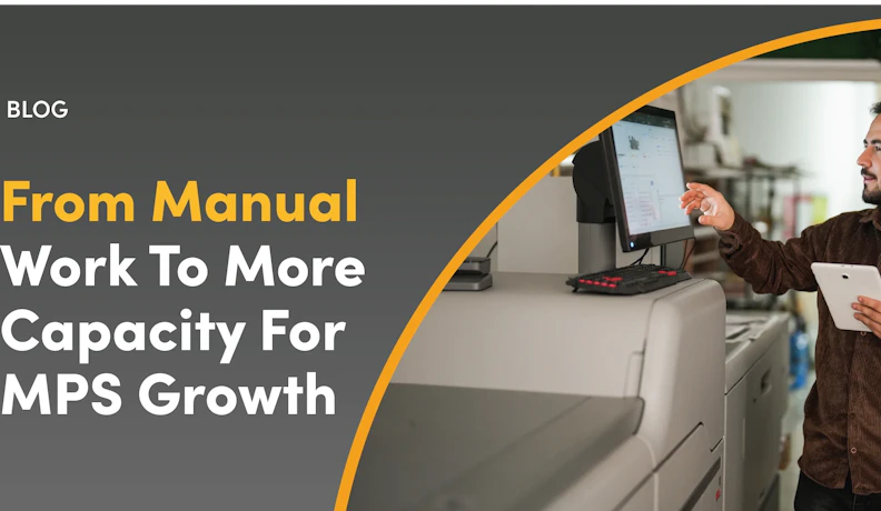 MPS automation with e-automate and Printanista boosts capacity and growth Technician using a tablet to operate a production printer with MPS automation software