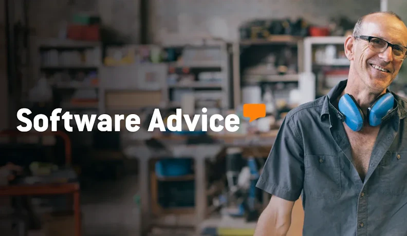 Software Advice recognition for JobBOSS² metal fabrication ERP Software Advice logo with smiling worker wearing blue earmuffs in a metal fabrication workshop