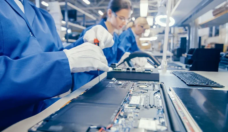 Electronics assembly line technician fastening components Electronics assembly worker fastening components with a screwdriver on a production line