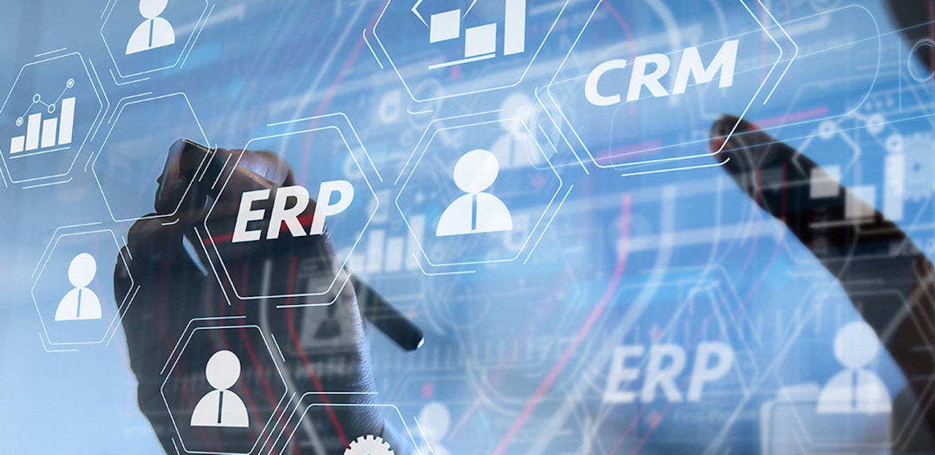 Illustration showing ERP and CRM system integration Illustration whiteboard showing ERP and CRM integrations