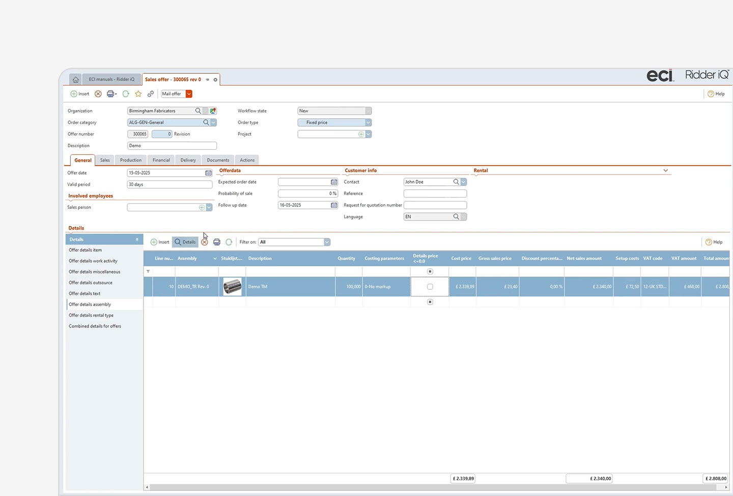 Document management in Ridder iQ Document management screen linking drawings and certifications to parts and work orders.