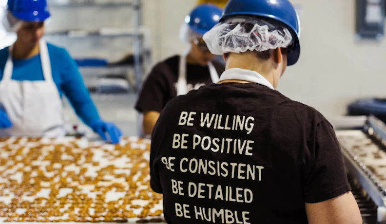 Confectionery production line at a food manufacturing facility Workers on a confectionery production line in a food manufacturing plant