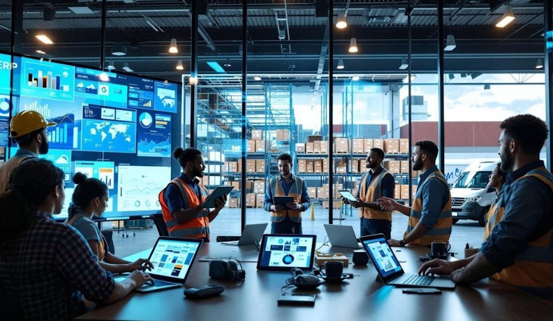 Software Solutions for Your UK Business Team using ERP software in a UK small business office and warehouse environment with real-time dashboards